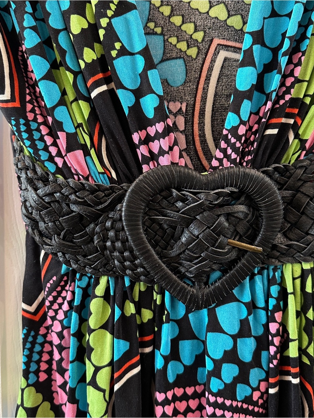 Y2K vintage, Sky brand. Colorful Heart Print V-Neck Top with Braided Belt - Picture 2 of 4